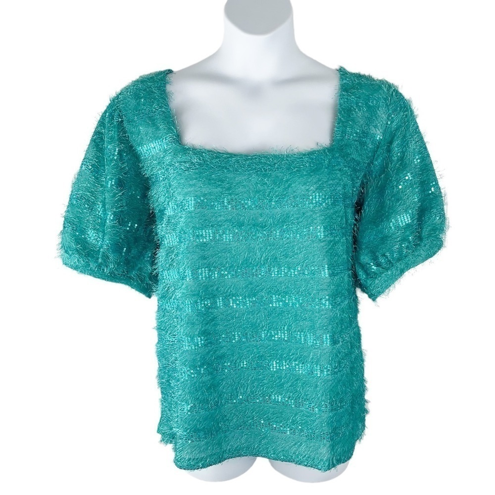 Ashley Stewart Green Veridian Sequin Fuzzy Square Neck Top